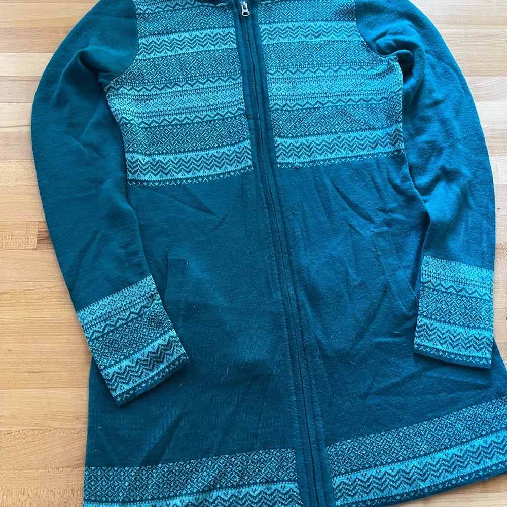 Telluride Full Zip Tunic Sweater with hood and elbow patches sz M